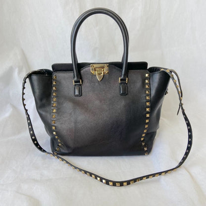 Valentino Black Leather Rockstud Trapeze Tote