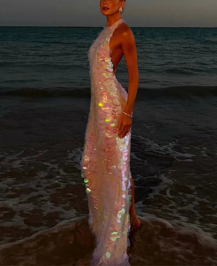 Pink Shiny Fashion Sequin Long Sling Travel Holiday/Birthday/Cocktail Party Dress gh4859