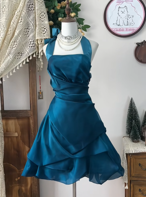 Unique Peacock Blue Halter A Line Homecoming Dress Cocktail Dress S334