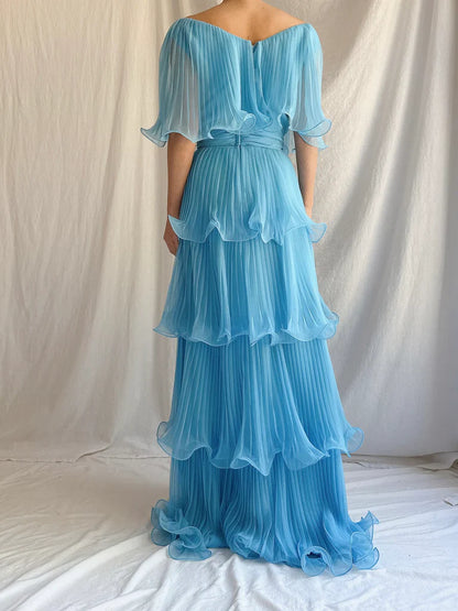Blue Layered Chiffon A Line V Neck Simple Long Party Dress Evening Dress 18 Birthday Dress SH3625