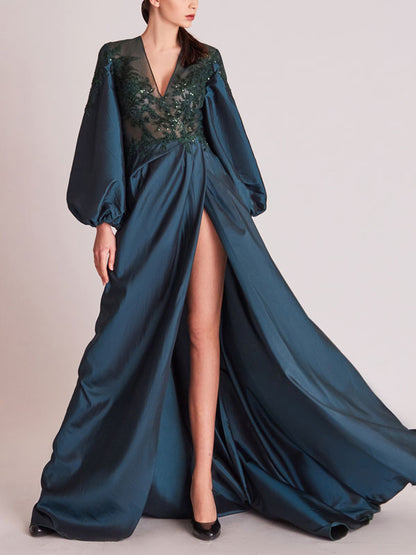 Long Balloon Sleeve A-Line Slit Gown