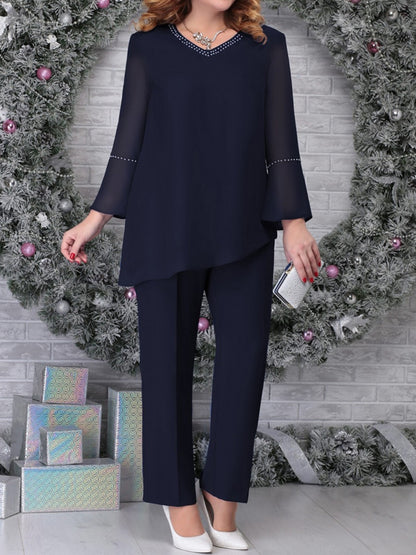 V-Neck Solid Color Hem Irregular Top And Trousers Suit