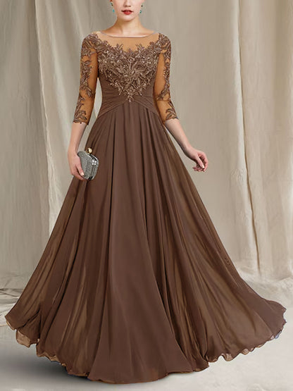 Chiffon Lace 3/4 Sleeve Maxi Dress