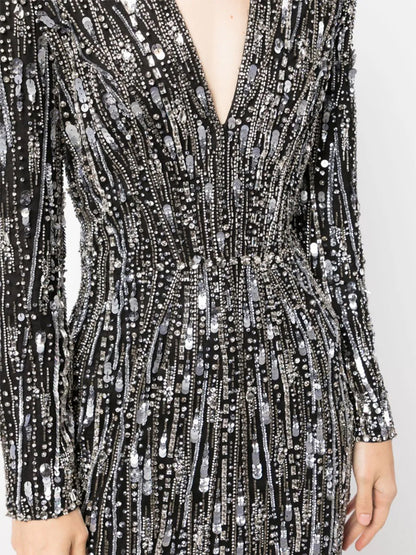 V-Neck Sequined Long Sleeves Maxi Dress