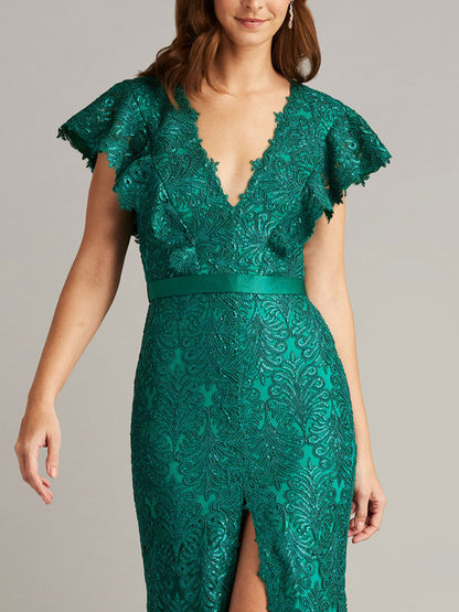Sequined Embroidered Sleeve Gown
