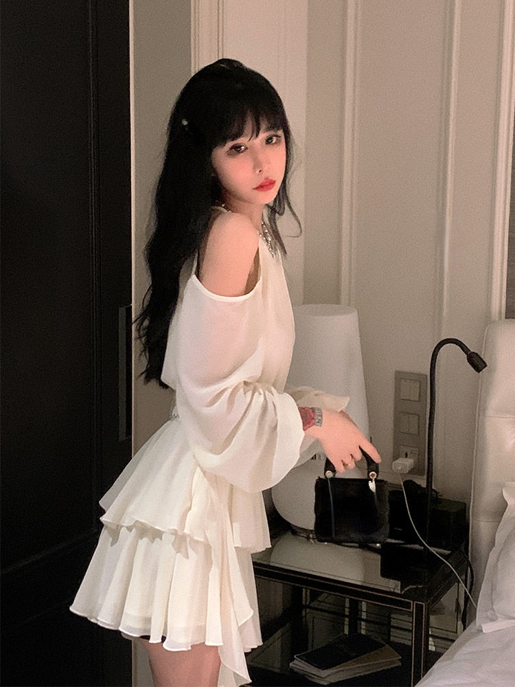 loveedsTM - Autumn Fairy Pure Color Short Party Dress Korean Fashion Elegant Mini Dress Woman Design Casual Long Sleeve Dress Female