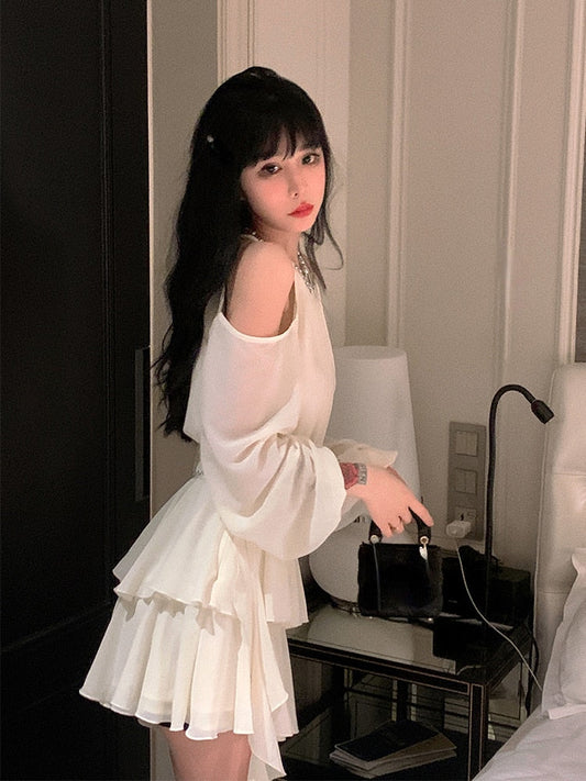 loveedsTM - Autumn Fairy Pure Color Short Party Dress Korean Fashion Elegant Mini Dress Woman Design Casual Long Sleeve Dress Female