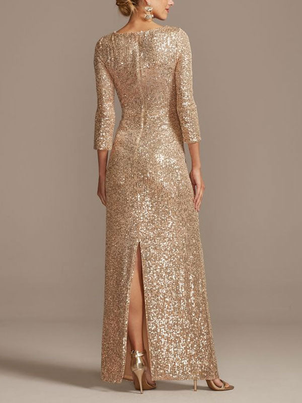 sequin 3/4 sleeve wrap front dress with twist