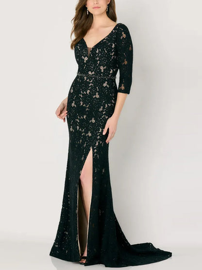 V-neck Lace Solid Color Maxi Dress