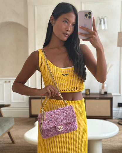 Chanel Pink & Lilac Tweed Seasonal Single Flap Bag with Brushed Gold Hardware & Pink CC Logo