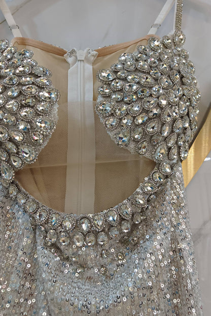 loveedsTM-Silver tassel slit sexy heavy-duty dress-vx