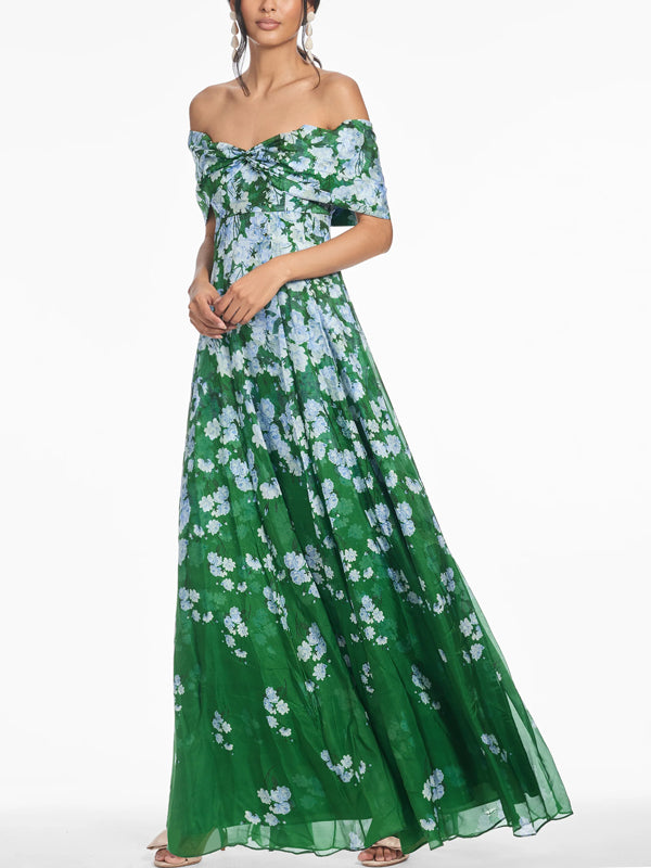 Floral Print Off The Shoulder Gown