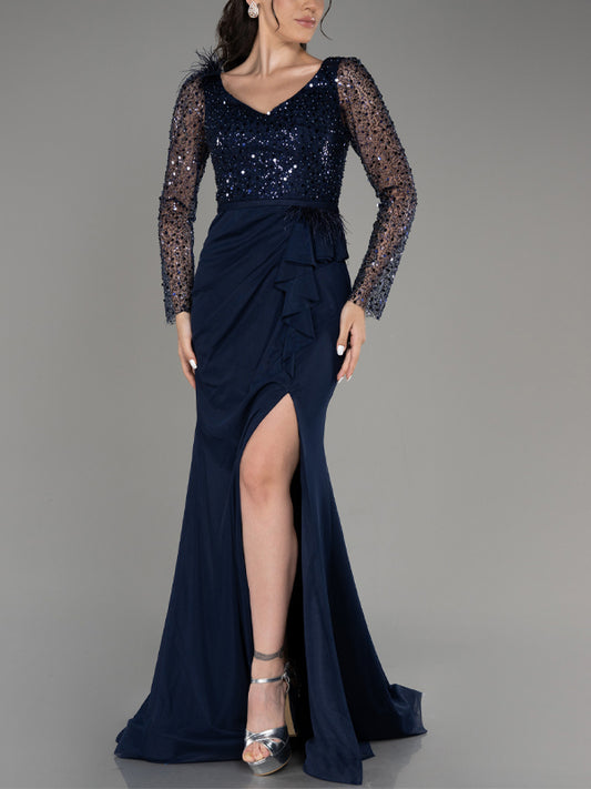 V-neck Long Sleeves Sequin Solid Color Maxi Dress