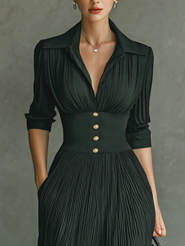 Chiffon Pleated Elegant Shirt Collar Women's Dress