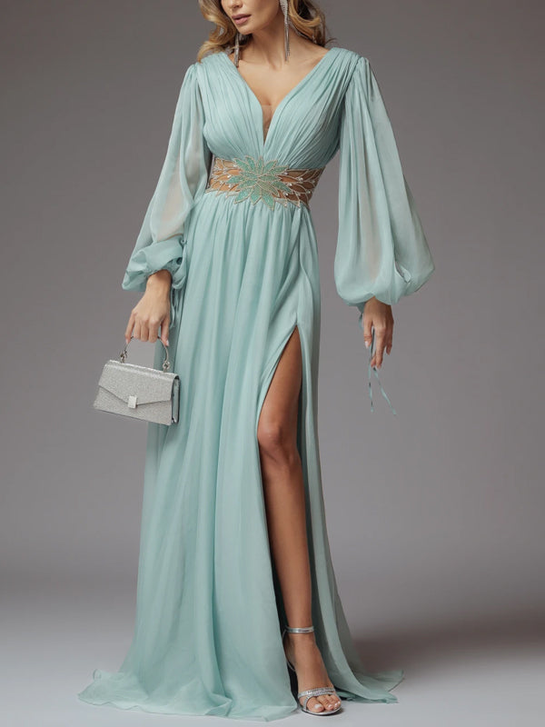 V-neck Solid Color Long Sleeves Maxi Dress