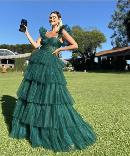 Hunter Green/Emerald Green A-Line Strap Tulle Tiered Long Prom Dress Party Dress gh2771