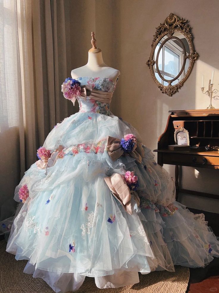 Romantic Hydrangea Flower Sweetheart Neck Ball Gown Layered Blue Organza Prom Dress Birthday Dress SH3634