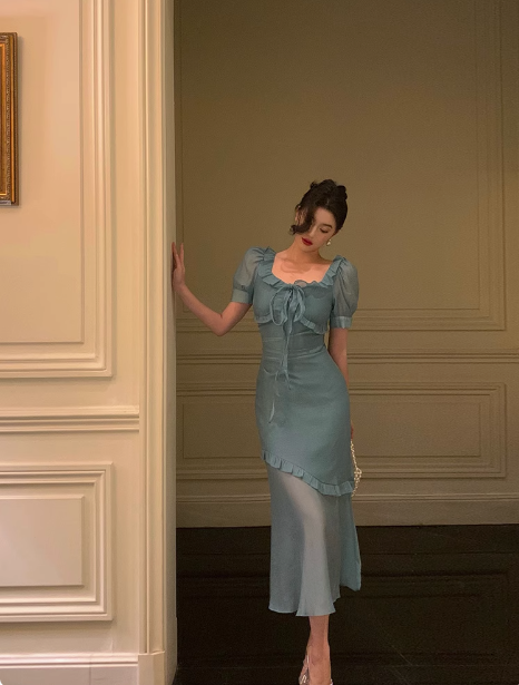 Sexy Mermaid Square Chiffon Blue 21st Birthday Dress Party Gown Birthday Outfits Birthday Dress Ideas For Women DP1881