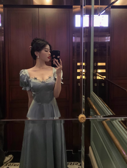 Vintage A line Square Blue Satin Prom Dresses Ruffles Evening Gowns Evening Dress DP1882