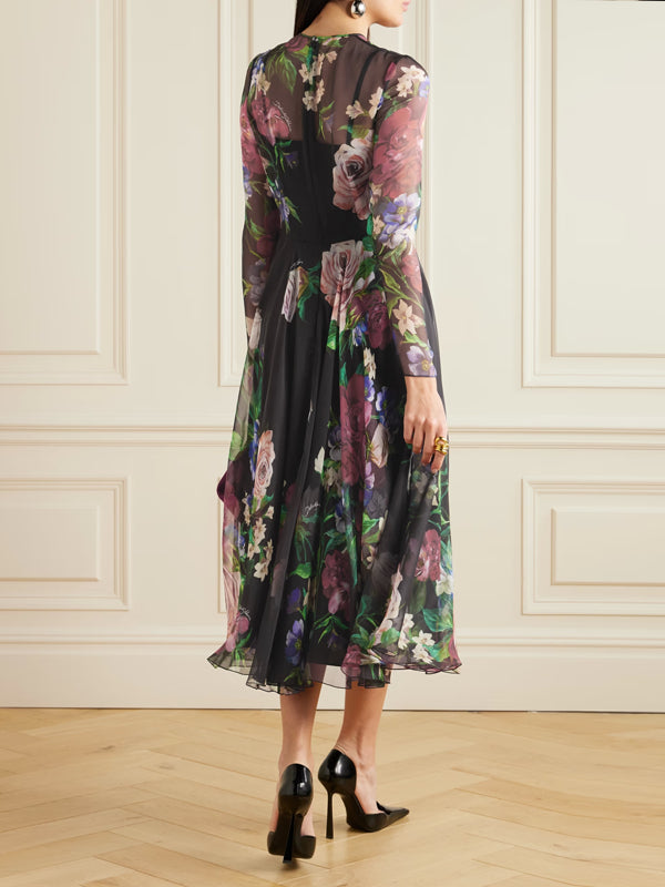 Pleated Floral-print Silk-chiffon Midi Dress