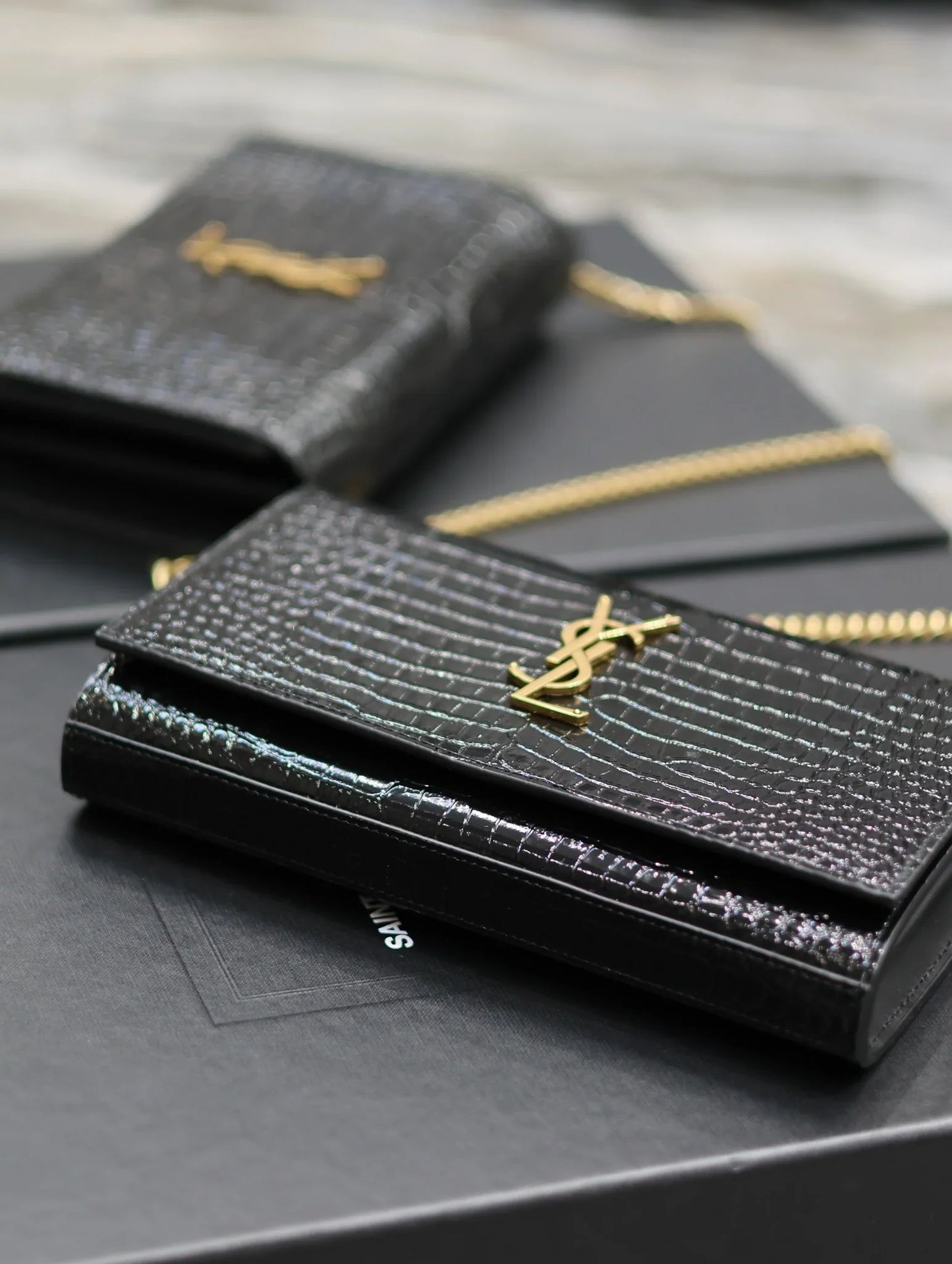 YSL Kate Croc Embossed BLack Gold Hardware - 23x14x3cm