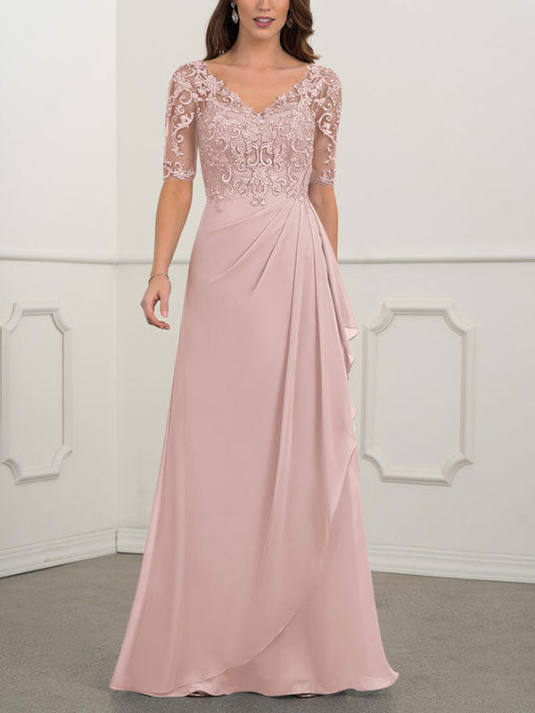 Floor-to-ceiling chiffon lace back zip bridal mom dress