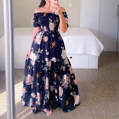 loveedsTM-Sexy Off The Shoulder Tube Top Dress Butterfly Rainbow Floral Print Dress Ladies Elegant Slim Summer Bohemian Party Maxi Dresses