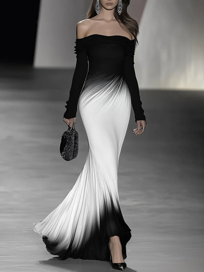 Off-Shoulder Black And White Gradient Maxi Dress