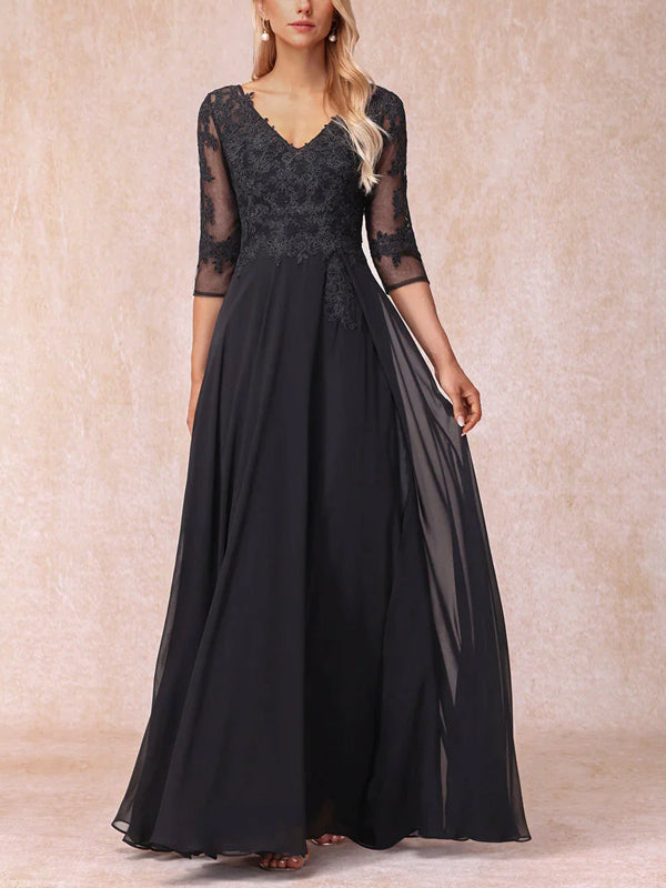 V-Neck Lace Mesh Solid Color Maxi Dress