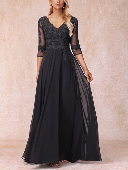 V-Neck Lace Mesh Solid Color Maxi Dress