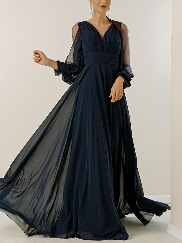 V-neck Chiffon Long Sleeve Solid Color Maxi Dress