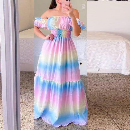 loveedsTM-Sexy Off The Shoulder Tube Top Dress Butterfly Rainbow Floral Print Dress Ladies Elegant Slim Summer Bohemian Party Maxi Dresses