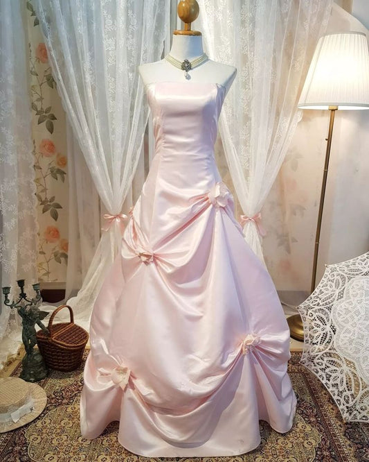 Pink Vintage Fashion Elegant Long Satin Pleated Ball Gown Evening Dress gh3378
