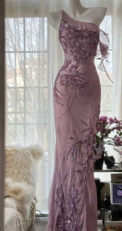 Purple Sheath One Shoulder Beaded Chiffon Long Prom Dress Graduation Prom Dress SH2561