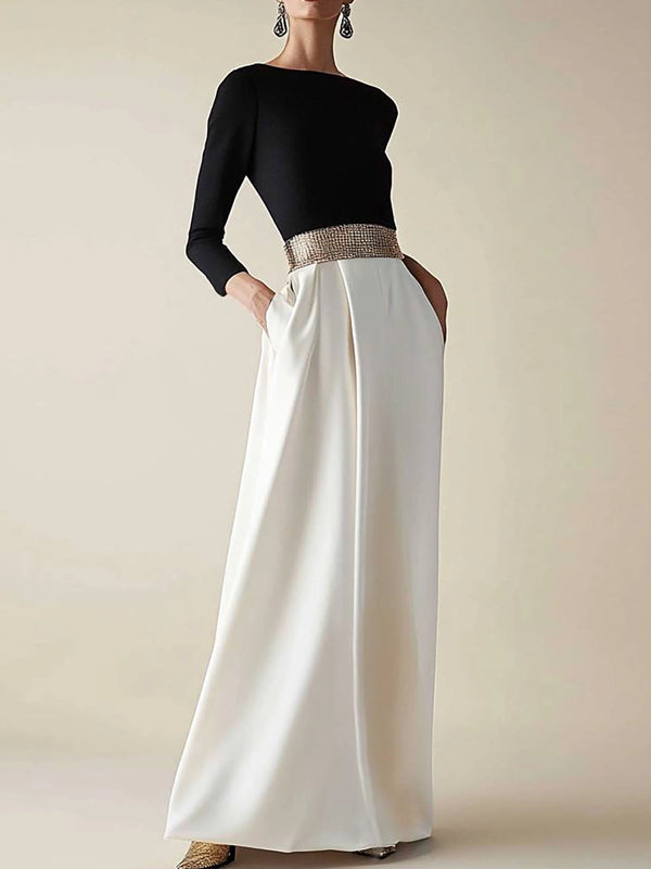 Semiformal Party Dress Black White Diamond Belt Long Sleeves Long Dress