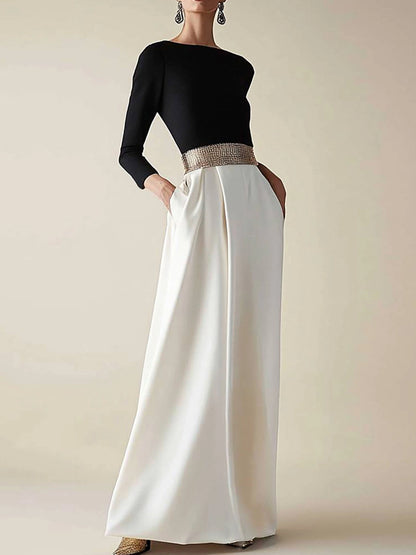 Semiformal Party Dress Black White Diamond Belt Long Sleeves Long Dress