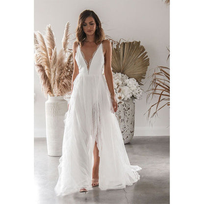 loveedsTM- Woman Wedding Maxi Slip Dress Summer Sexy Bridesmaid Banquet White Split V Neck Backless Lace Female Long Elegant Evening Dress