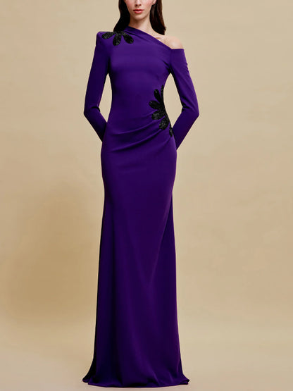 Off-shoulder Sequin Solid Color Maxi Dress