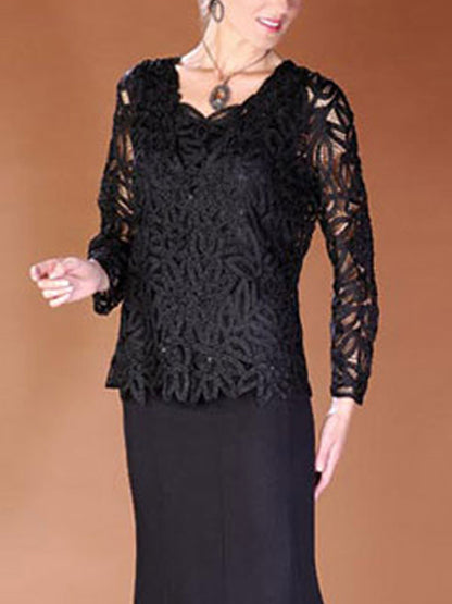 Lace Cutout Air Quality Round Neck Long Sleeve Ladies Skirt Set