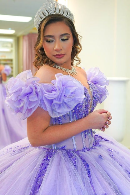 Charming Ball Gown Off-The-Shoulder Appliques Purple Tulle Sweet 16 Dress, Quinceanera Dress SH2638