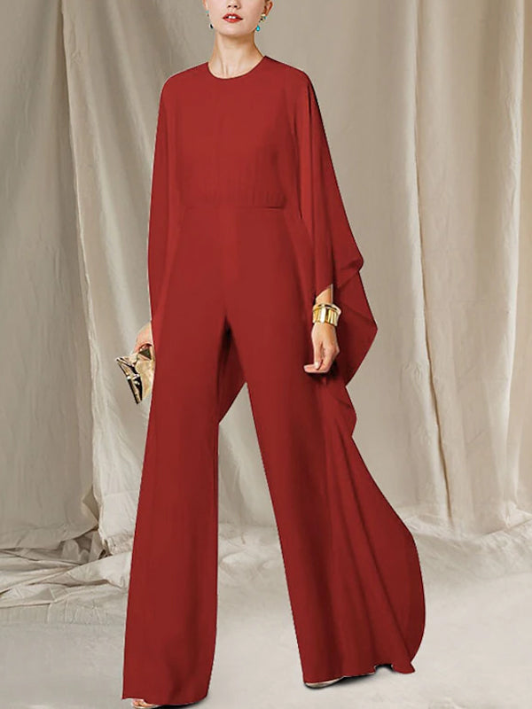 Round Neck Chiffon Solid Color Jumpsuit