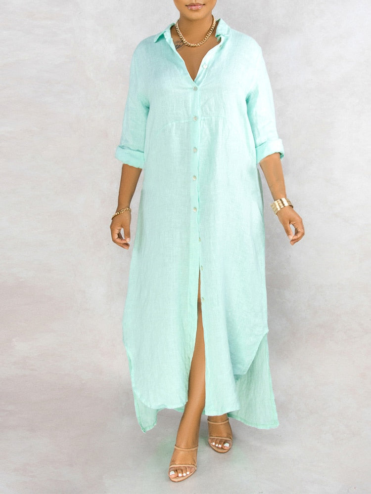 loveedsTM-Solid Button Maxi Shirt Dress