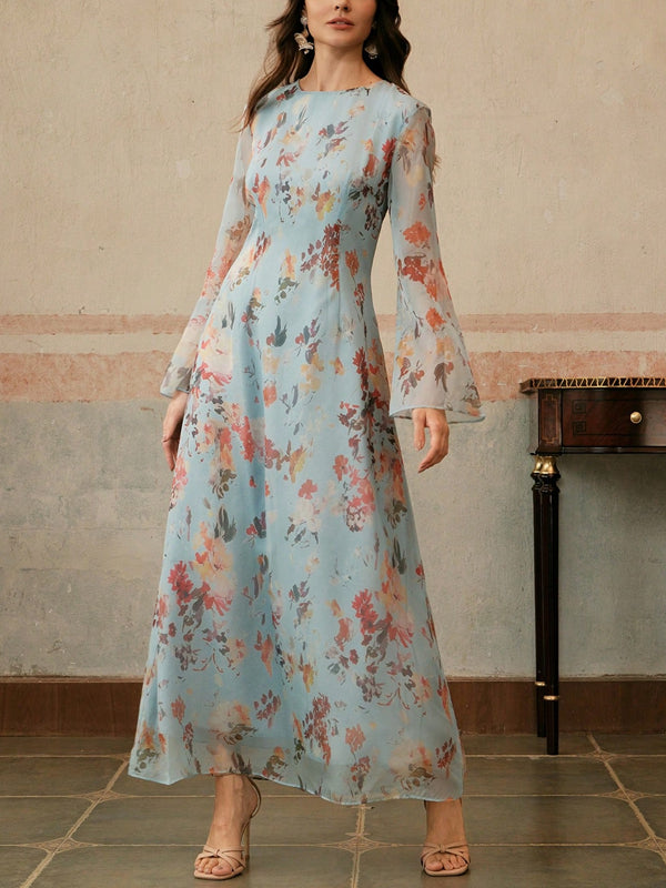 Women's Elegant Floral Print Long Sleeve Resort Dress