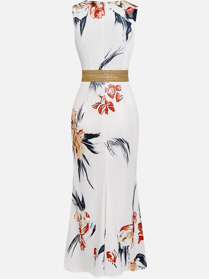 Floral Satin V Neck Sleeveless A-Line Maxi Dress