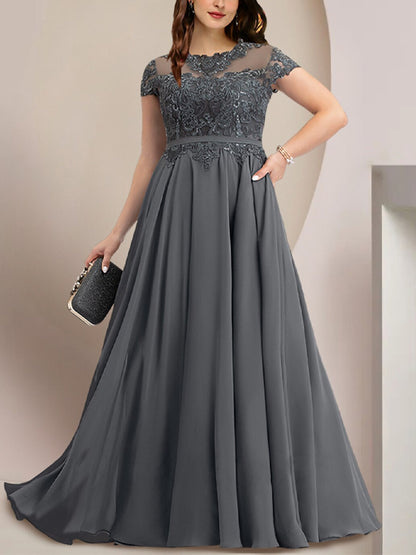 Plus Size Round Neck Lace Short Sleeve Solid Color Maxi Dress