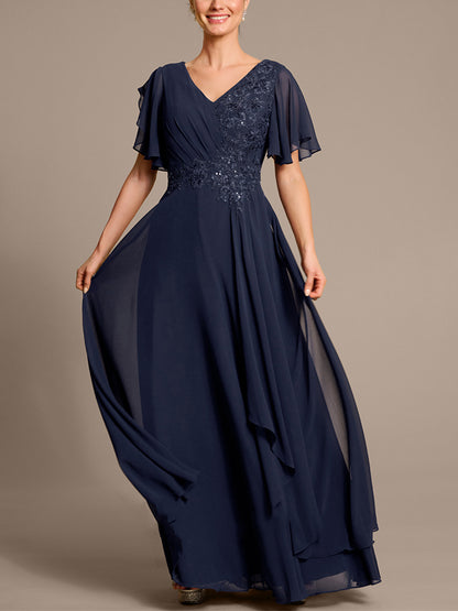 V-neck Lace Chiffon Solid Color Maxi Dress