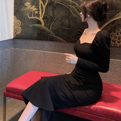 loveedsTM- Elegant Mermaid Black Long Dress Women Korean One Piece Vintage Gothic Evening Party Dress Autumn Casual Hepburn Slim Dress 2024