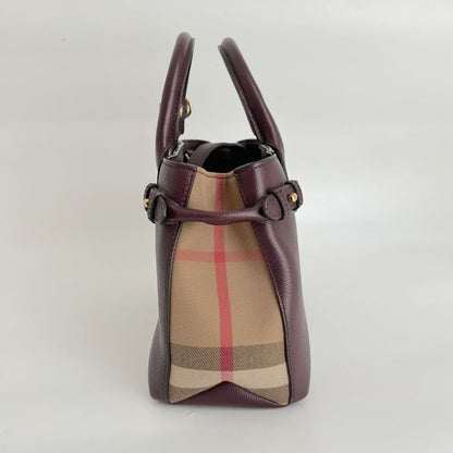 Burberry Burgundy/Beige Leather and House Check Fabric small banner tote