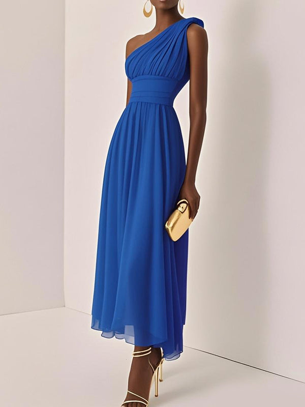 Ruched Chiffon One Shoulder Sleeveless A-Line Maxi Dress