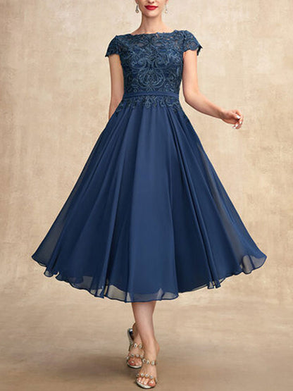 A-Line Scoop Neck Tea-Length Chiffon Lace Mother of the Bride Dress